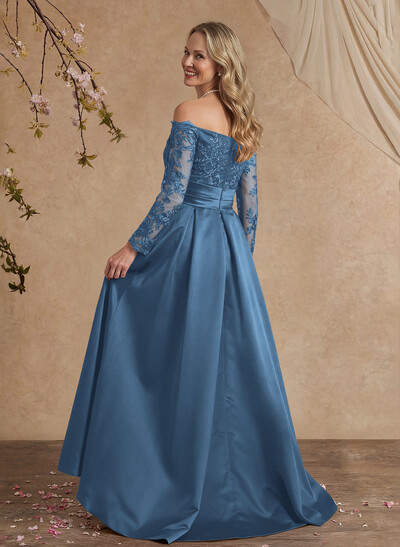 A-Line Off-The-Shoulder 3/4 Sleeves Sweep Train Lace/Satin Mother Of The Bride Dresses With Split Front