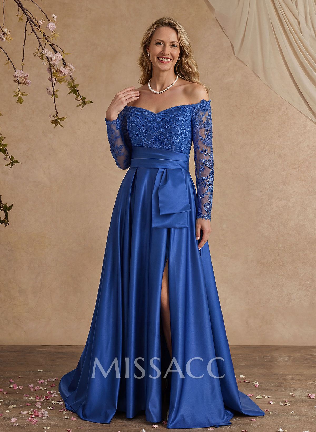 A-Line Off-The-Shoulder 3/4 Sleeves Sweep Train Lace/Satin Mother Of The Bride Dresses With Split Front A-Line Off-The-Shoulder 3/4 Sleeves Sweep Train Lace/Satin Mother Of The Bride Dresses With Split Front