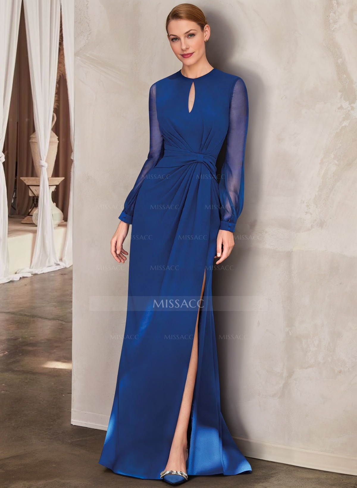 Sheath Scoop Neck Long Sleeves Floor-Length Chiffon Mother Of The Bride Dresses With Split Front
