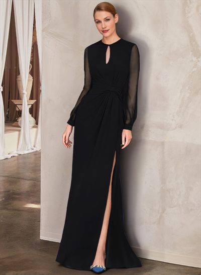 Sheath Scoop Neck Long Sleeves Floor-Length Chiffon Mother Of The Bride Dresses With Split Front