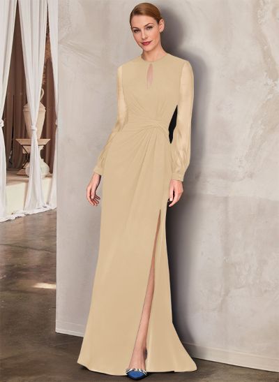 Sheath Scoop Neck Long Sleeves Floor-Length Chiffon Mother Of The Bride Dresses With Split Front