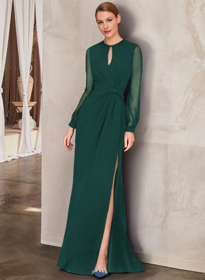 Sheath Scoop Neck Long Sleeves Floor-Length Chiffon Mother Of The Bride Dresses With Split Front