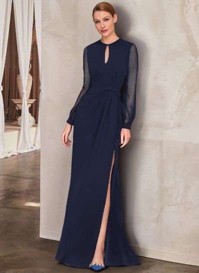 Sheath Scoop Neck Long Sleeves Floor-Length Chiffon Mother Of The Bride Dresses With Split Front