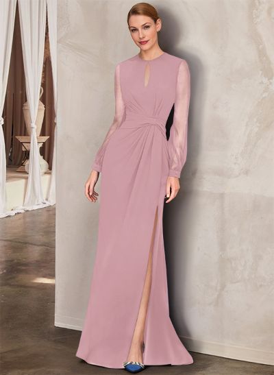 Sheath Scoop Neck Long Sleeves Floor-Length Chiffon Mother Of The Bride Dresses With Split Front