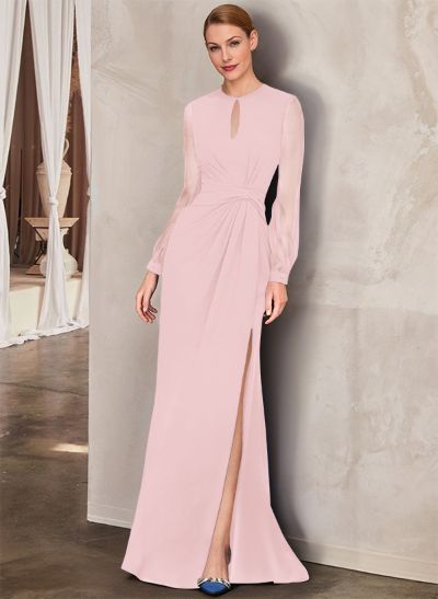 Sheath Scoop Neck Long Sleeves Floor-Length Chiffon Mother Of The Bride Dresses With Split Front