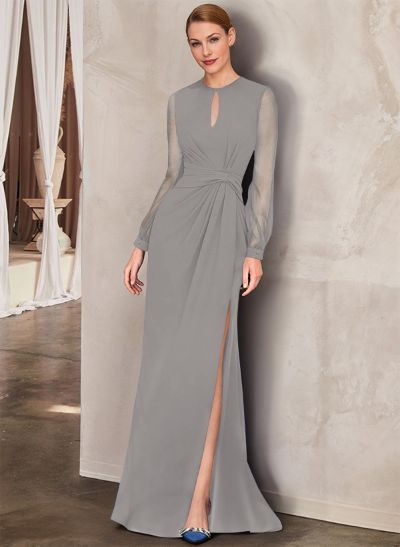 Sheath Scoop Neck Long Sleeves Floor-Length Chiffon Mother Of The Bride Dresses With Split Front