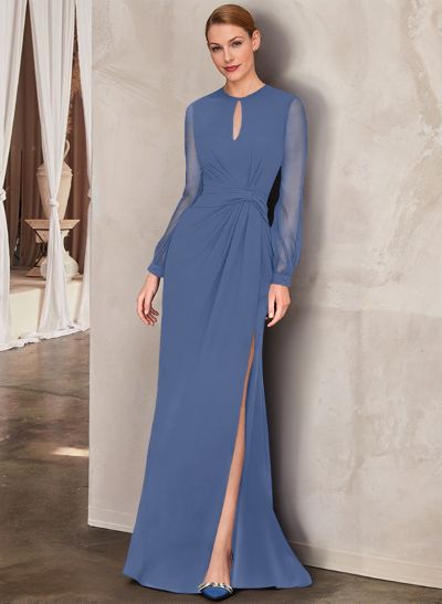 Sheath Scoop Neck Long Sleeves Floor-Length Chiffon Mother Of The Bride Dresses With Split Front