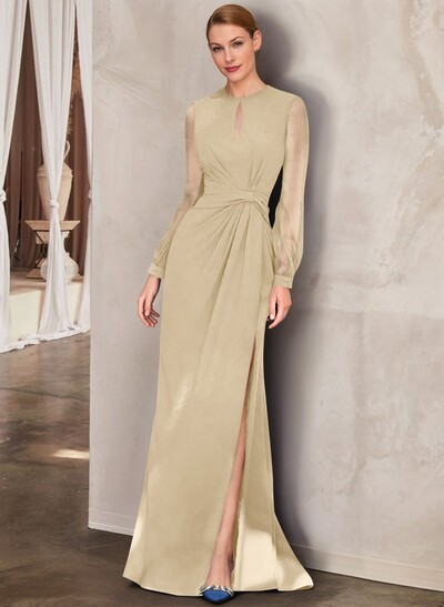 Sheath Scoop Neck Long Sleeves Floor-Length Chiffon Mother Of The Bride Dresses With Split Front