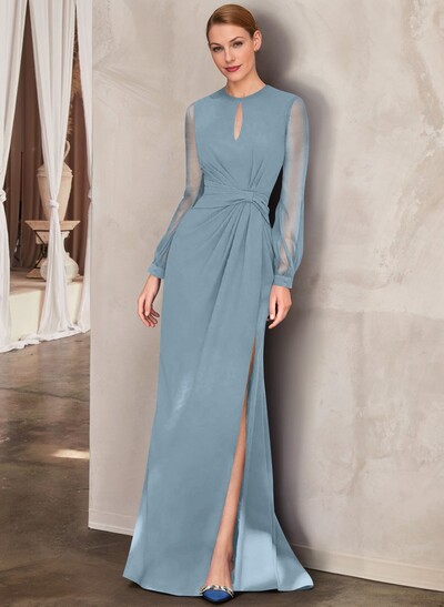 Sheath Scoop Neck Long Sleeves Floor-Length Chiffon Mother Of The Bride Dresses With Split Front