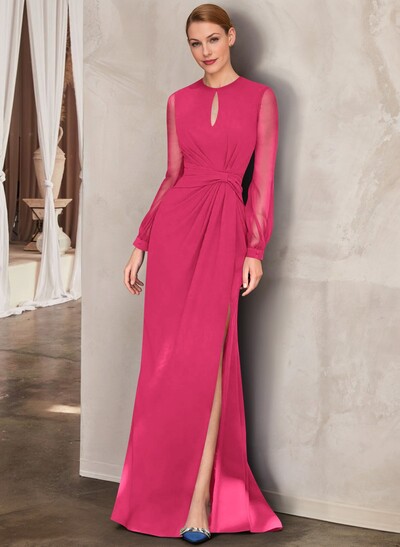 Sheath Scoop Neck Long Sleeves Floor-Length Chiffon Mother Of The Bride Dresses With Split Front