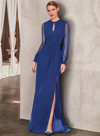 Sheath Scoop Neck Long Sleeves Floor-Length Chiffon Mother Of The Bride Dresses With Split Front
