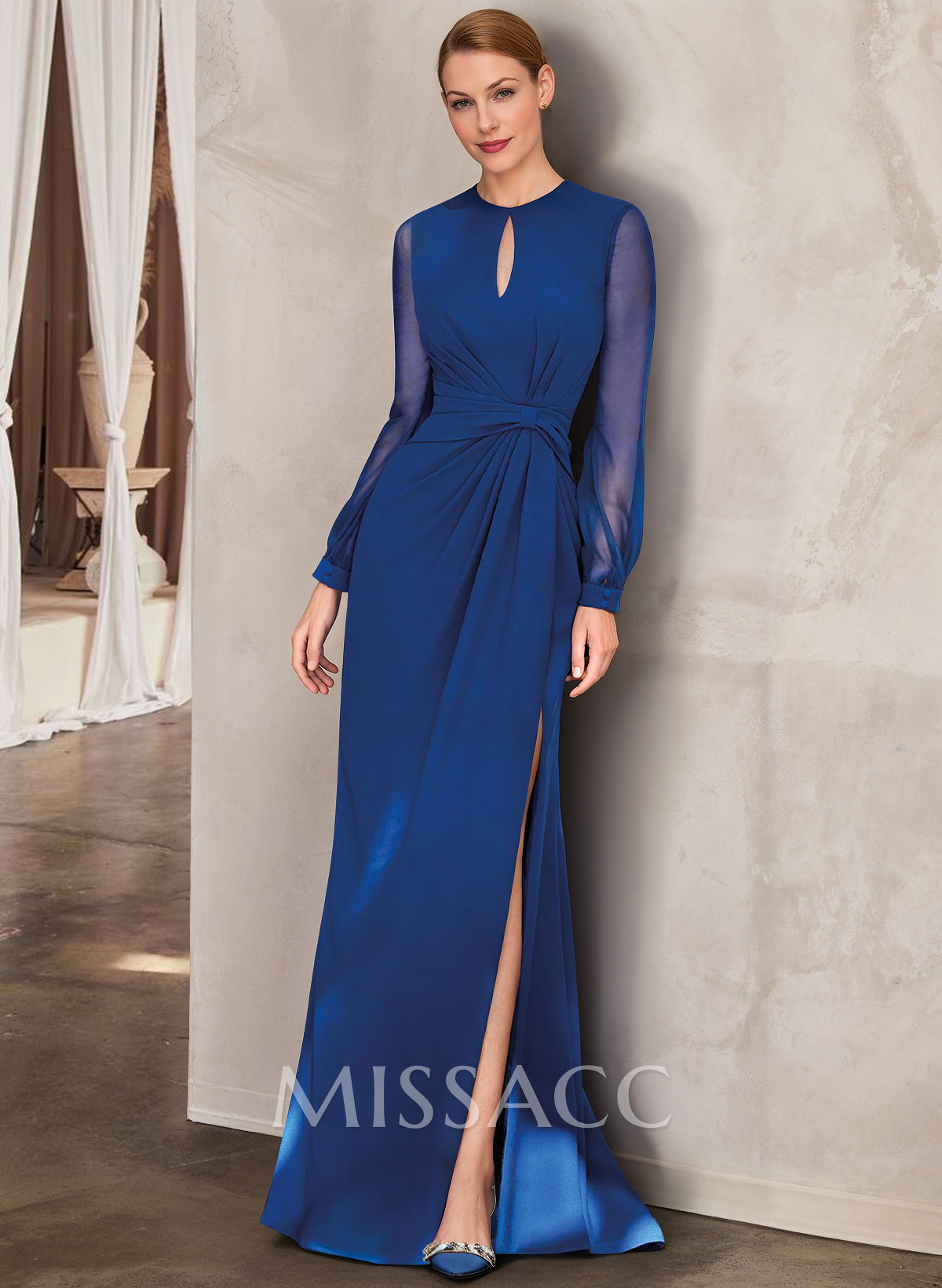 Sheath Scoop Neck Long Sleeves Floor-Length Chiffon Mother Of The Bride Dresses With Split Front Sheath Scoop Neck Long Sleeves Floor-Length Chiffon Mother Of The Bride Dresses With Split Front