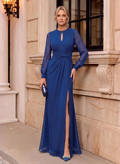Sheath Scoop Neck Long Sleeve Floor-Length Chiffon Mother of the Bride Dress with Front Slit