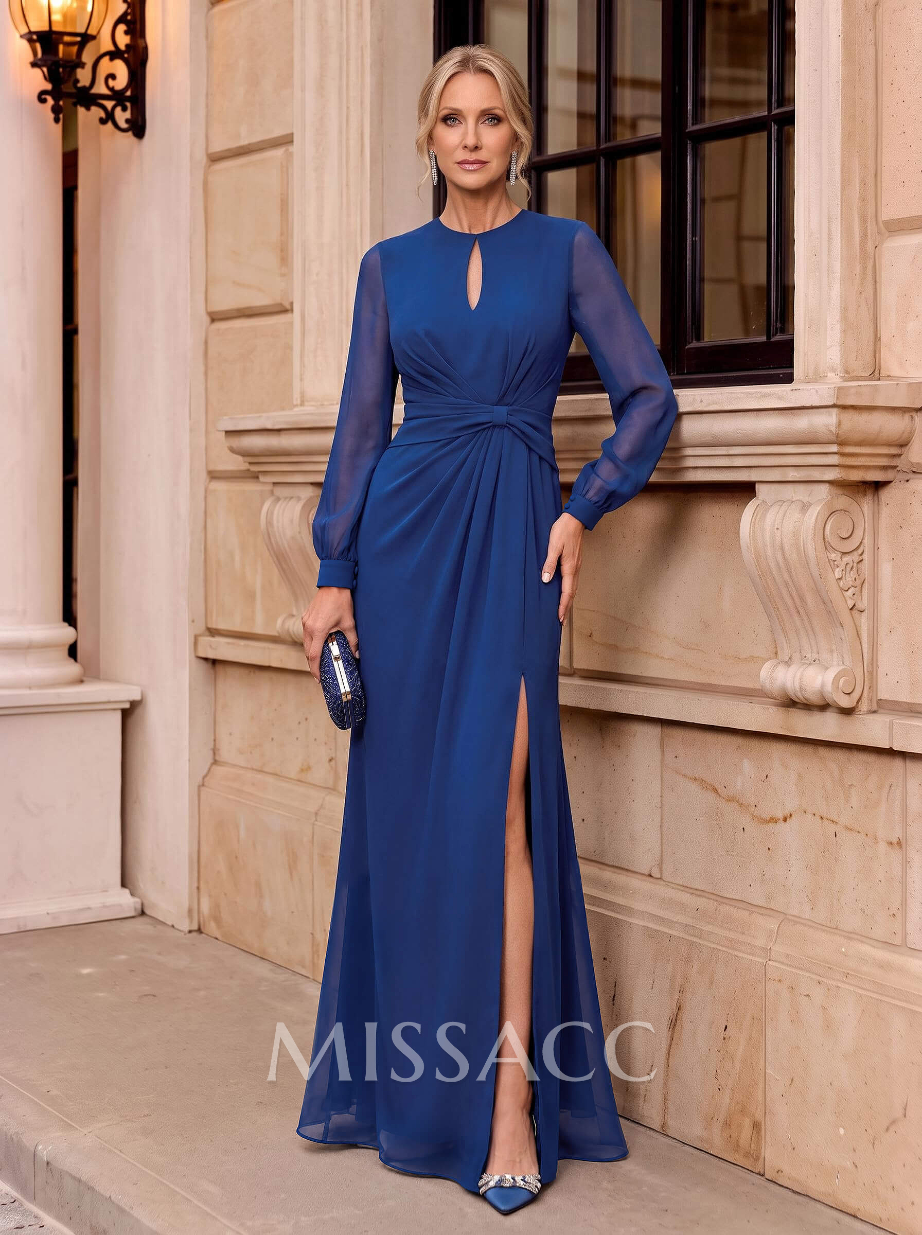 Sheath Scoop Neck Long Sleeves Floor-Length Chiffon Mother Of The Bride Dresses With Split Front Sheath Scoop Neck Long Sleeves Floor-Length Chiffon Mother Of The Bride Dresses With Split Front