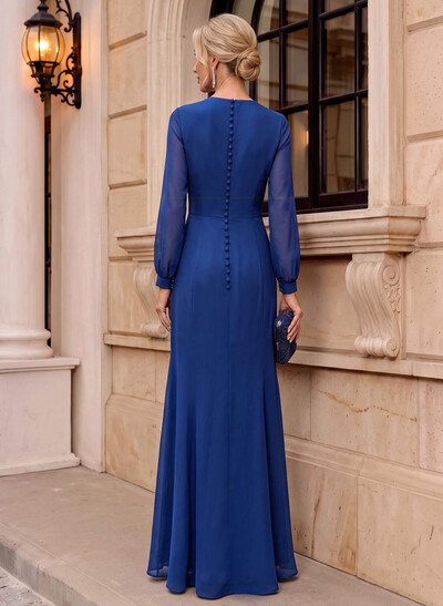 Sheath Scoop Neck Long Sleeve Floor-Length Chiffon Mother of the Bride Dress with Front Slit