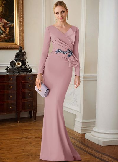 Sheath V-Neck Long Sleeves Floor-Length Mother Of The Bride Dresses With Appliques Lace