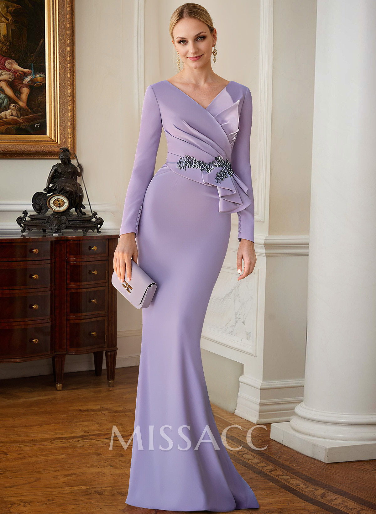 Sheath V-Neck Long Sleeves Floor-Length Mother Of The Bride Dresses With Appliques Lace Sheath V-Neck Long Sleeves Floor-Length Mother Of The Bride Dresses With Appliques Lace