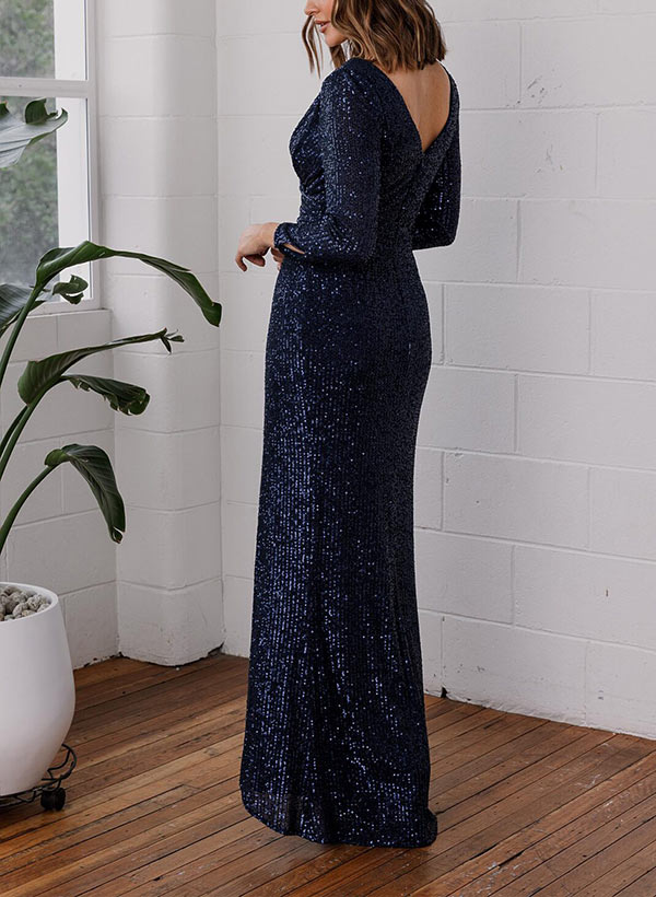 Sheath V-Neck Long Sleeves Floor-Length Sequined Mother Of The Bride Dresses With Split Front
