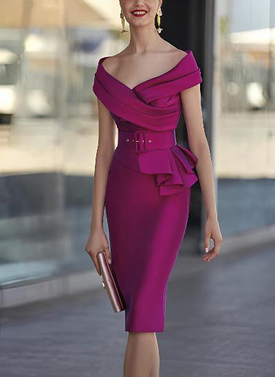 Sheath Off-The-Shoulder Sleeveless Knee-Length Satin Cocktail Dresses With Ruffle