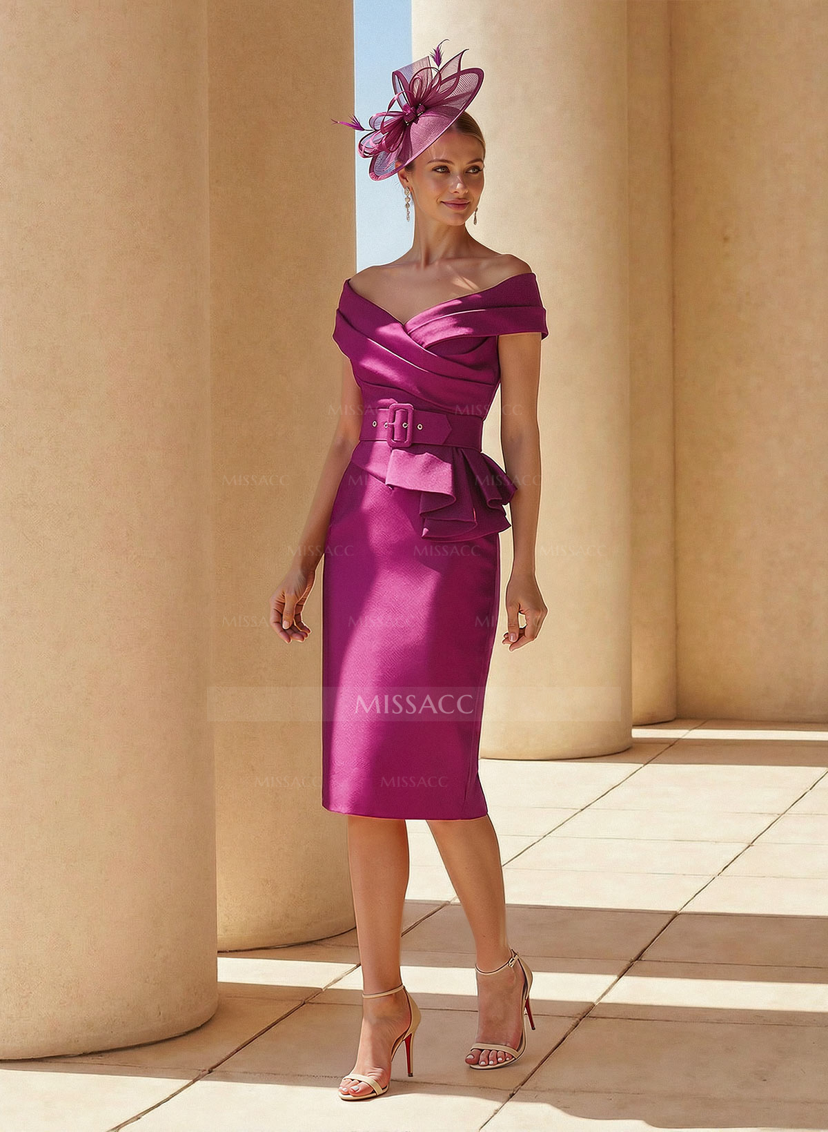 Sheath Off-The-Shoulder Sleeveless Knee-Length Satin Mother Of The Bride Dresses With Ruffle