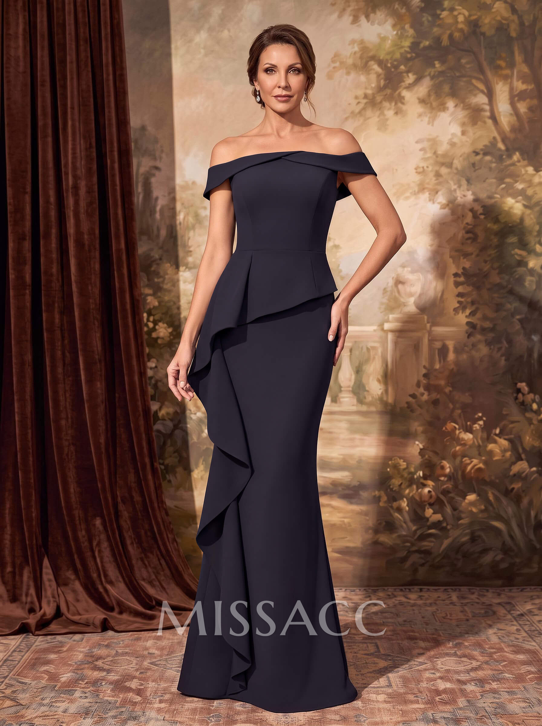 Sheath Off-The-Shoulder Sleeveless Floor-Length Stretch Satin Mother Of The Bride Dress With Cascading Ruffles Sheath Off-The-Shoulder Sleeveless Floor-Length Stretch Satin Mother Of The Bride Dress With Cascading Ruffles
