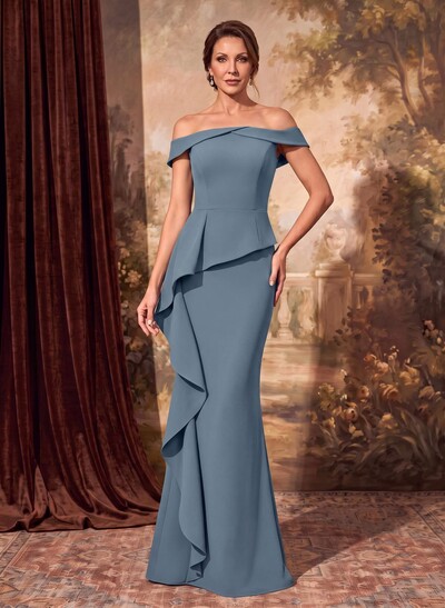 Sheath Off-The-Shoulder Sleeveless Floor-Length Elastic Satin Mother Of The Bride Dresses With Cascading Ruffles