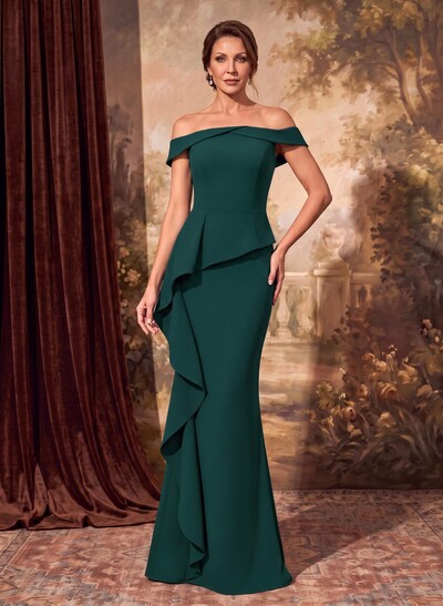 Sheath Off-The-Shoulder Sleeveless Floor-Length Elastic Satin Mother Of The Bride Dresses With Cascading Ruffles