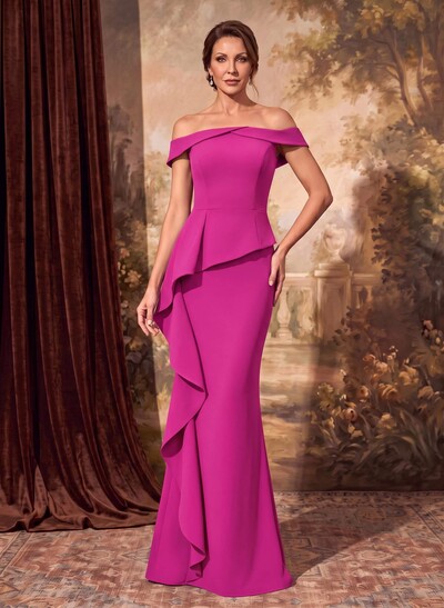 Sheath Off-The-Shoulder Sleeveless Floor-Length Elastic Satin Mother Of The Bride Dresses With Cascading Ruffles