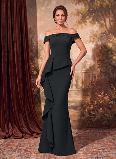 Fitted Off-The-Shoulder Sleeveless Floor-Length Stretch Satin Mother Of The Bride Dress With Waterfall Ruffles