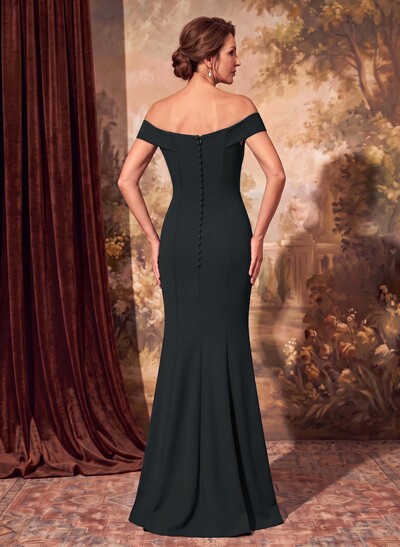 Fitted Off-The-Shoulder Sleeveless Floor-Length Stretch Satin Mother Of The Bride Dress With Waterfall Ruffles