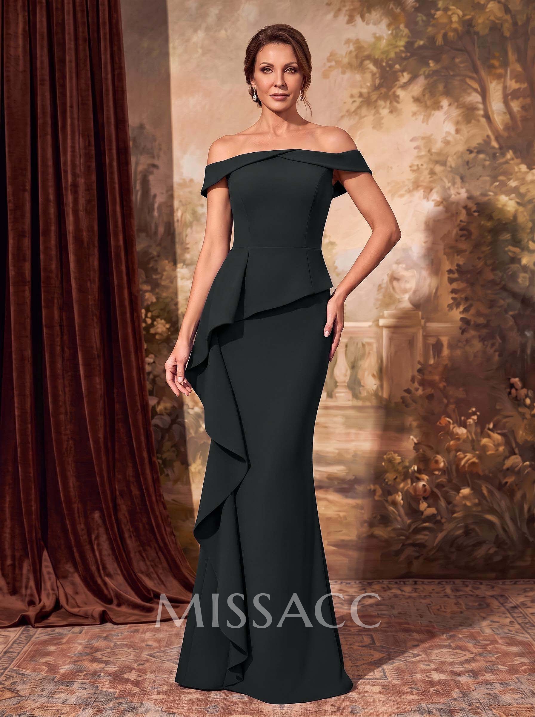 Sheath Off-The-Shoulder Sleeveless Floor-Length Elastic Satin Mother Of The Bride Dresses With Cascading Ruffles Sheath Off-The-Shoulder Sleeveless Floor-Length Elastic Satin Mother Of The Bride Dresses With Cascading Ruffles