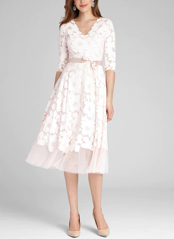 A-Line V-Neck 1/2 Sleeves Tea-Length Lace/Tulle Mother Of The Bride Dresses