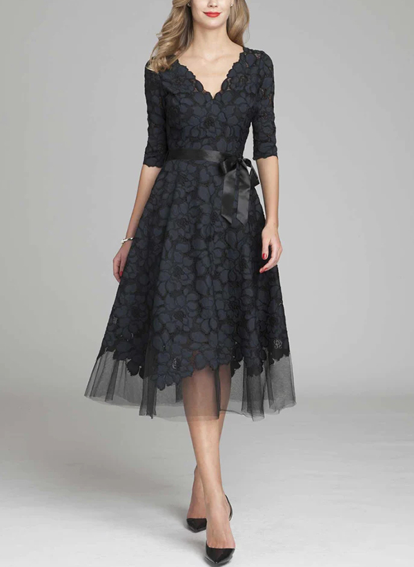 A-Line V-Neck 1/2 Sleeves Tea-Length Lace/Tulle Mother Of The Bride Dresses