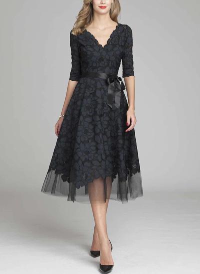 A-Line V-Neck 1/2 Sleeves Tea-Length Lace/Tulle Mother Of The Bride Dresses