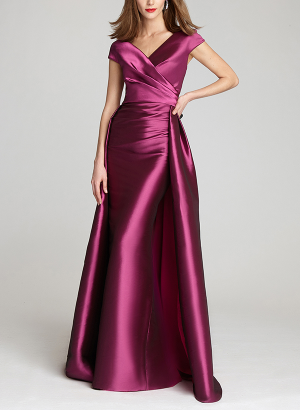 Sheath/Column V-Neck Stretch Satin Mother Of The Bride Dresses with Watteau Train 3/4 Sleeves Ankle-Length main image 0