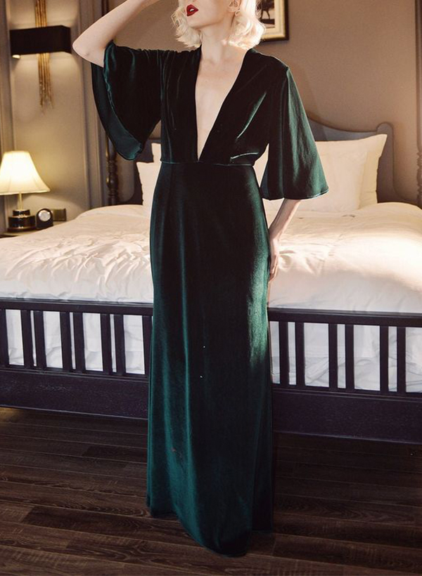 A-Line V-Neck 1/2 Sleeves Floor-Length Velvet Evening Dresses