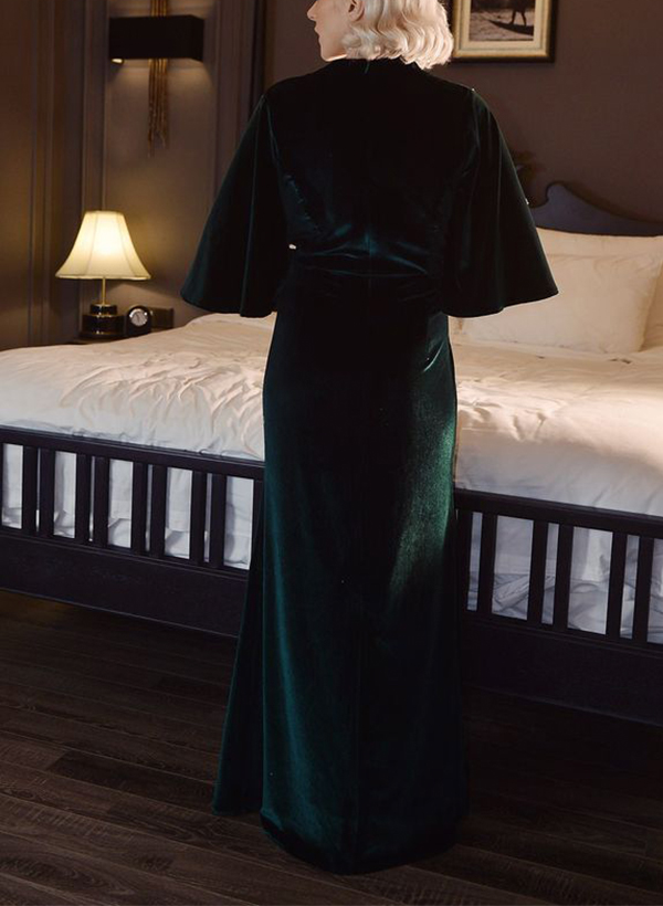 A-Line V-Neck 1/2 Sleeves Floor-Length Velvet Evening Dresses