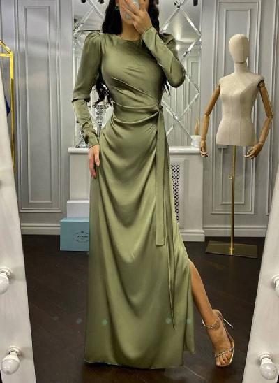 Sheath/Column Long Sleeves Silk Like Satin Mother Of The Bride Dresses With Split Front