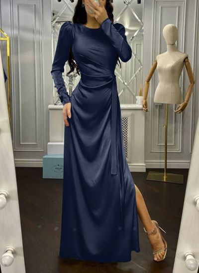 Sheath/Column Long Sleeves Silk Like Satin Mother Of The Bride Dresses With Split Front