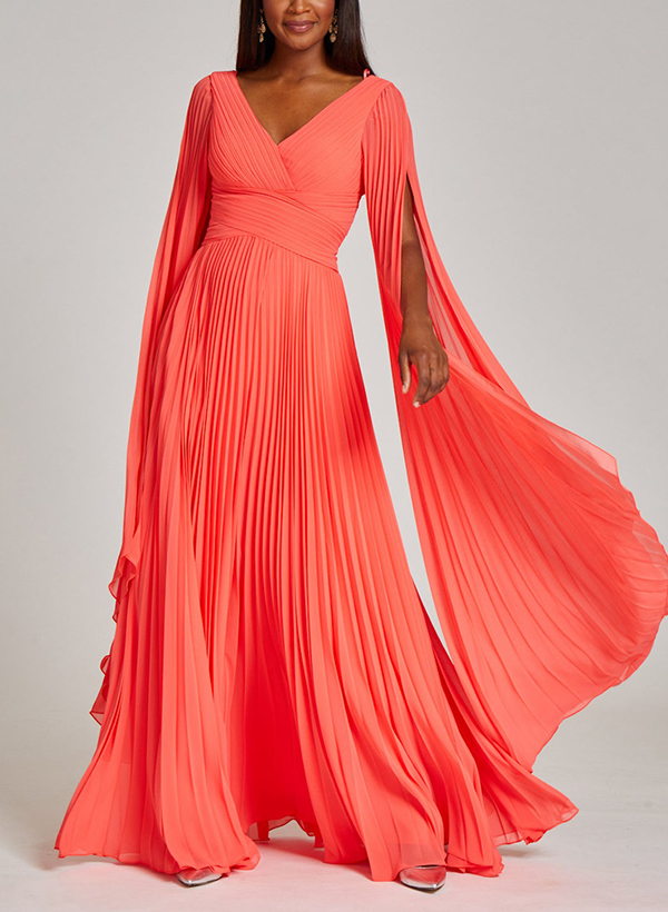 A-Line V-Neck Long Sleeves Chiffon Mother Of The Bride Dresses With Pleated