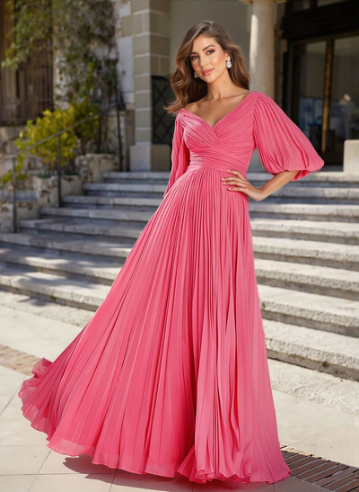 A-Line V-Neck 1/2 Sleeves Chiffon Mother Of The Bride Dresses With Pleated