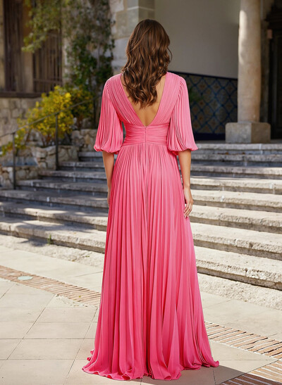 A-Line V-Neck 1/2 Sleeves Chiffon Mother Of The Bride Dresses With Pleated
