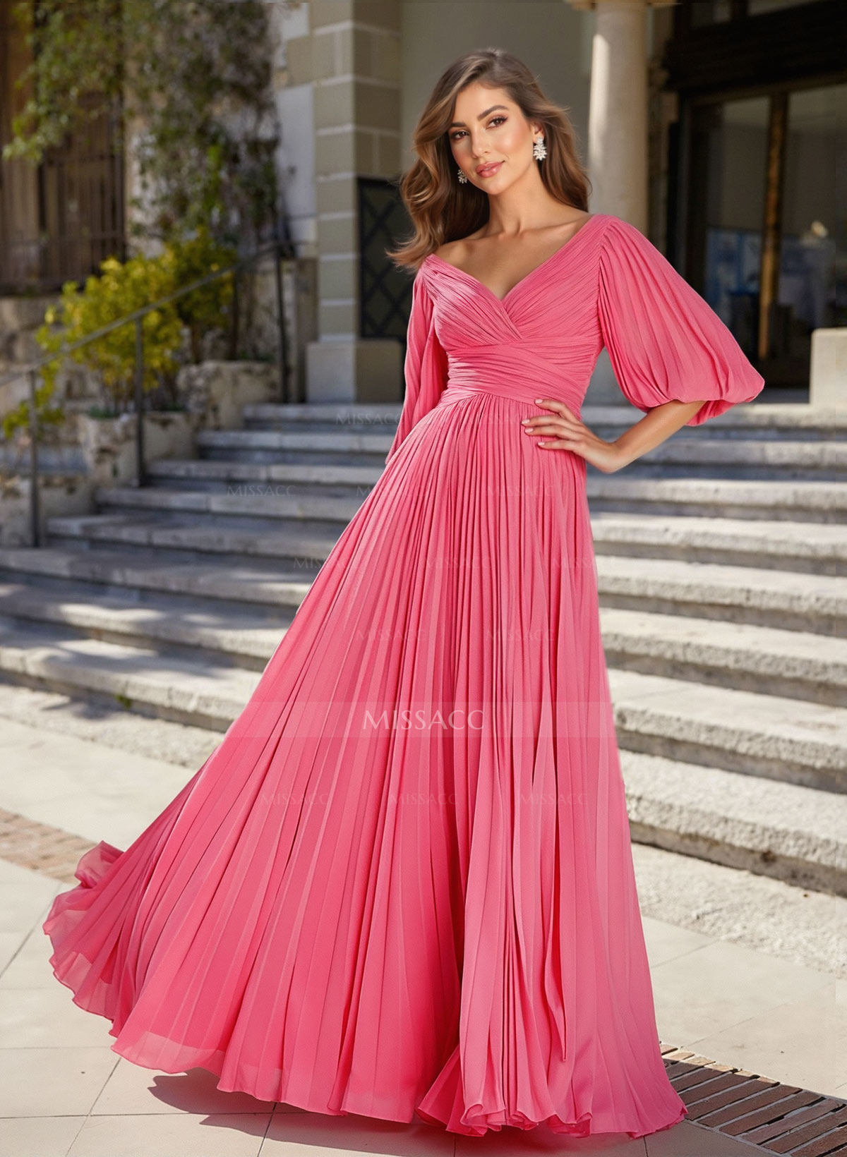 A-Line V-Neck 1/2 Sleeves Chiffon Mother Of The Bride Dresses With Pleated