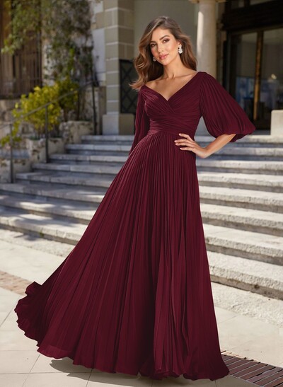 A-Line V-Neck 1/2 Sleeves Floor-Length Chiffon Evening Dresses With Pleated