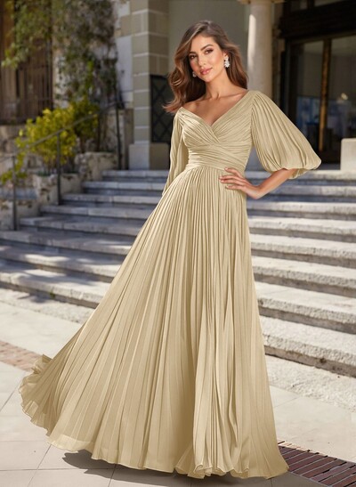 A-Line V-Neck 1/2 Sleeves Chiffon Mother Of The Bride Dresses With Pleated