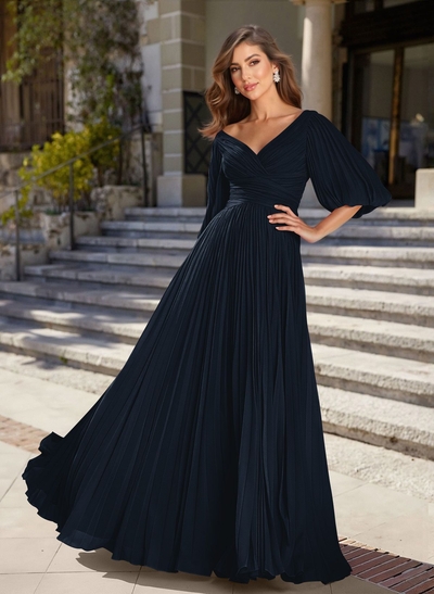 A-Line V-Neck 1/2 Sleeves Chiffon Mother Of The Bride Dresses With Pleated