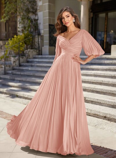 A-Line V-Neck 1/2 Sleeves Chiffon Mother Of The Bride Dresses With Pleated