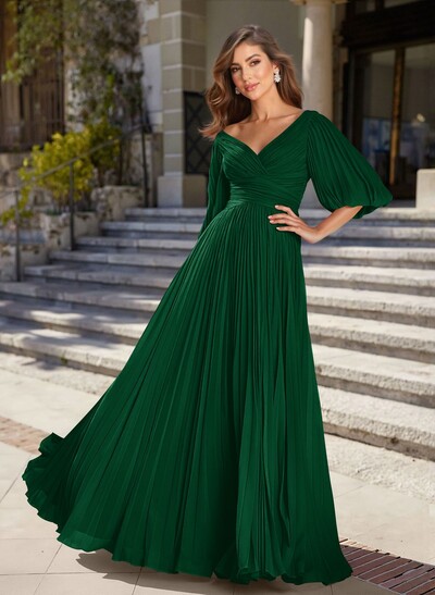 A-Line V-Neck 1/2 Sleeves Chiffon Mother Of The Bride Dresses With Pleated