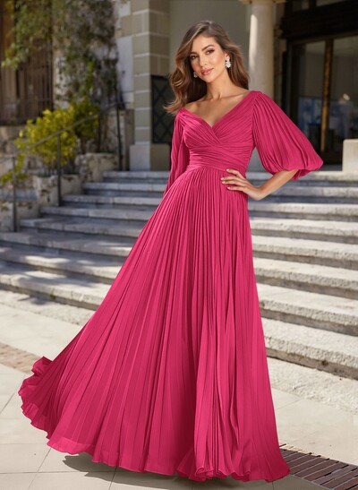 A-Line V-Neck 1/2 Sleeves Chiffon Mother Of The Bride Dresses With Pleated