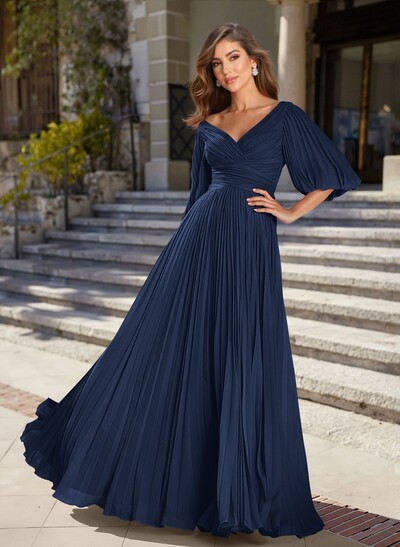 A-Line V-Neck 1/2 Sleeves Chiffon Mother Of The Bride Dresses With Pleated